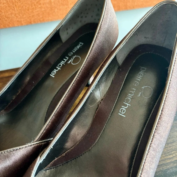 Pierre Michel| Brown Satin  Kitten Heel Topaz Jewelled Party Heel Size 7 - Picture 6 of 8